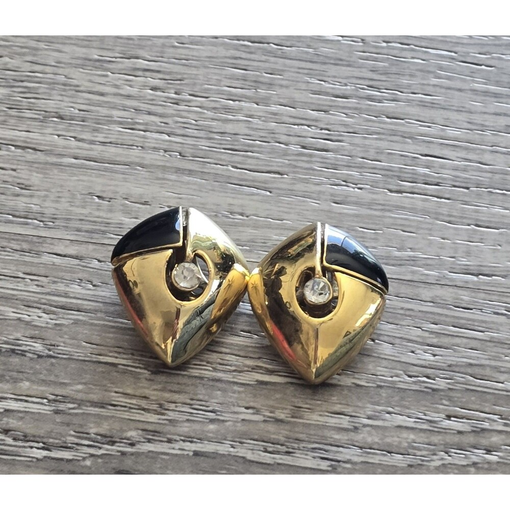 Vintage Black Enamel & Gold Tone Earrings  clip-on